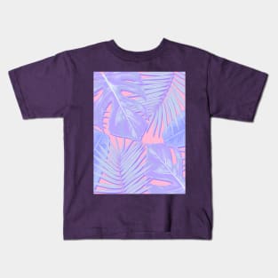 Monstera, Spider Palm, Tropical Leaves, Pastel Purple and Pink Kids T-Shirt